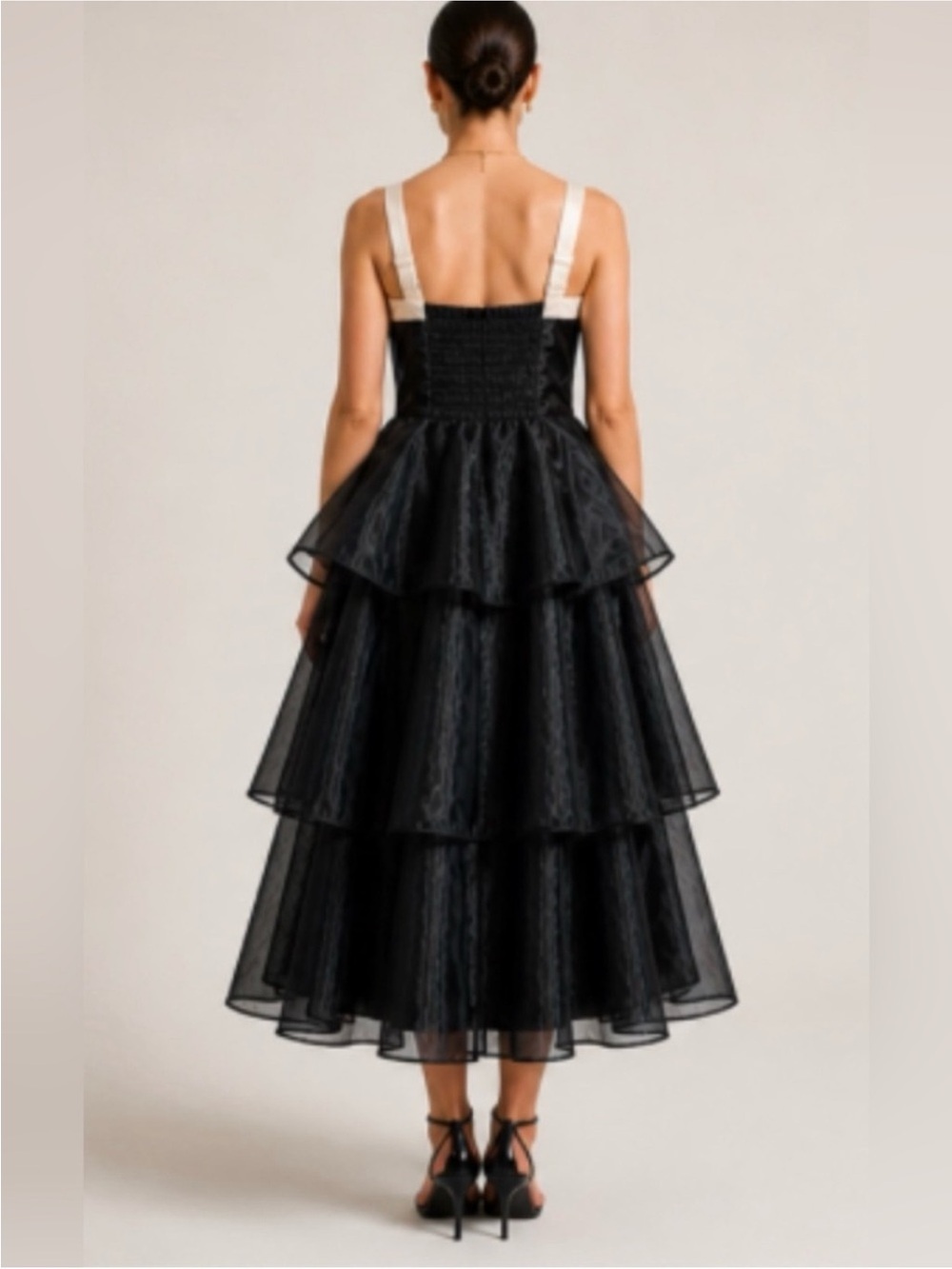 Lulu's Perfect Beauty Black Tiered Organza Midi Dress Blush Satin Bow Sz  XL NEW - Picture 5 of 8